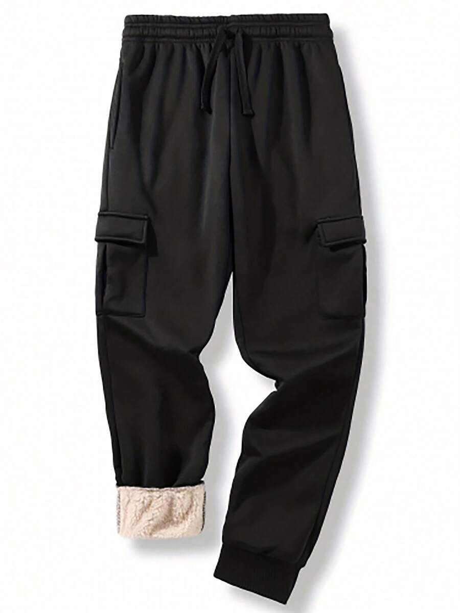 Men Flap Pocket Side Drawstring Waist Thermal Sweatpants - Black - View 1