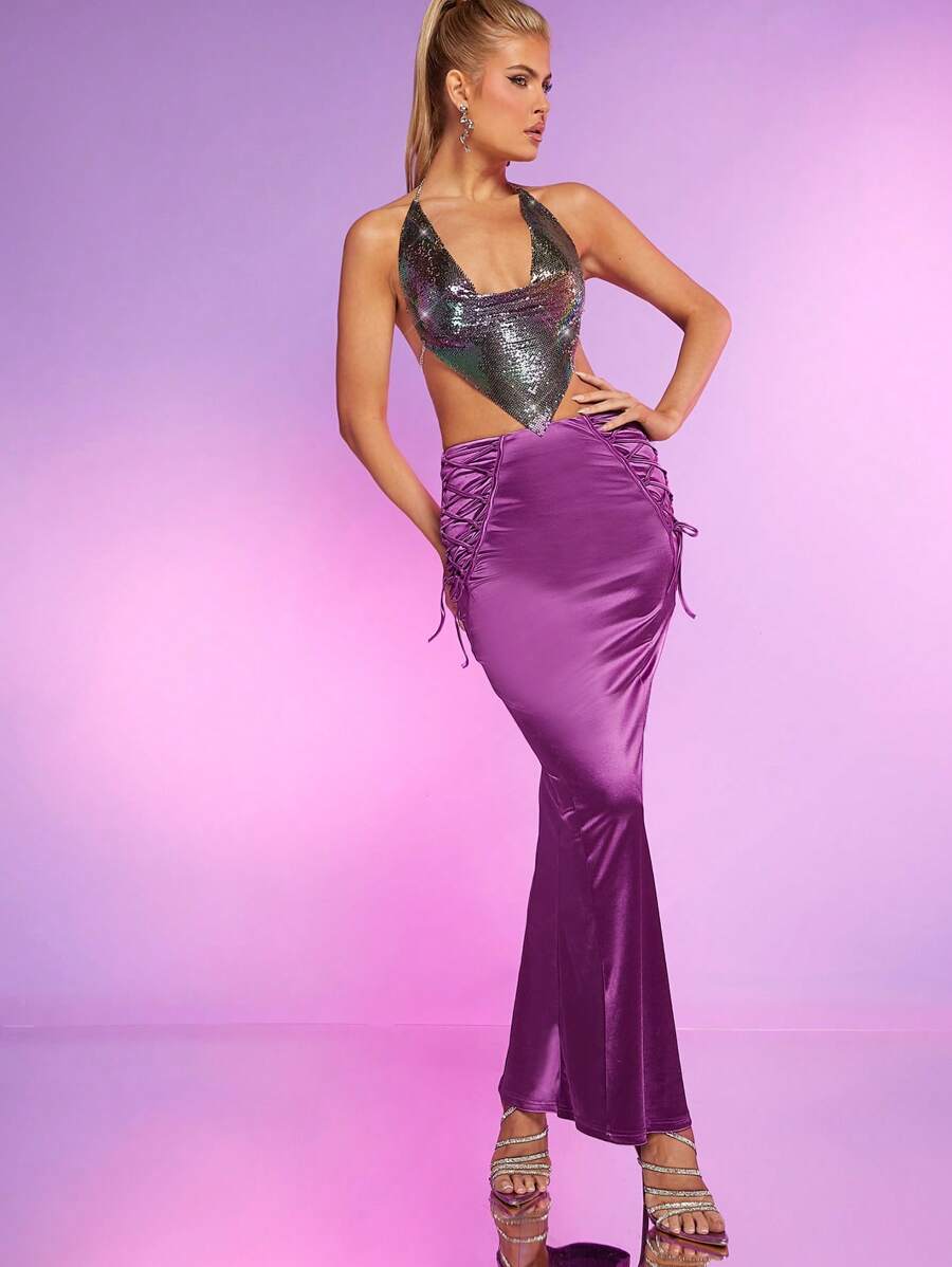 Hauture 蕾絲扣帶,人魚裙擺,絲緞裙 - 紫色 - 查看 1