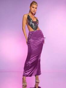 Hauture 蕾絲扣帶,人魚裙擺,絲緞裙 - 紫色 - 查看 3