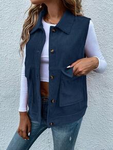 SHEIN LUNE 翻蓋口袋燈芯絨夾克背心 - 寶藍色 - 查看 6