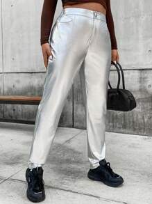 Flirla 鈕扣 口袋 拉鍊純色加大褲子 - 銀色 - 查看 6