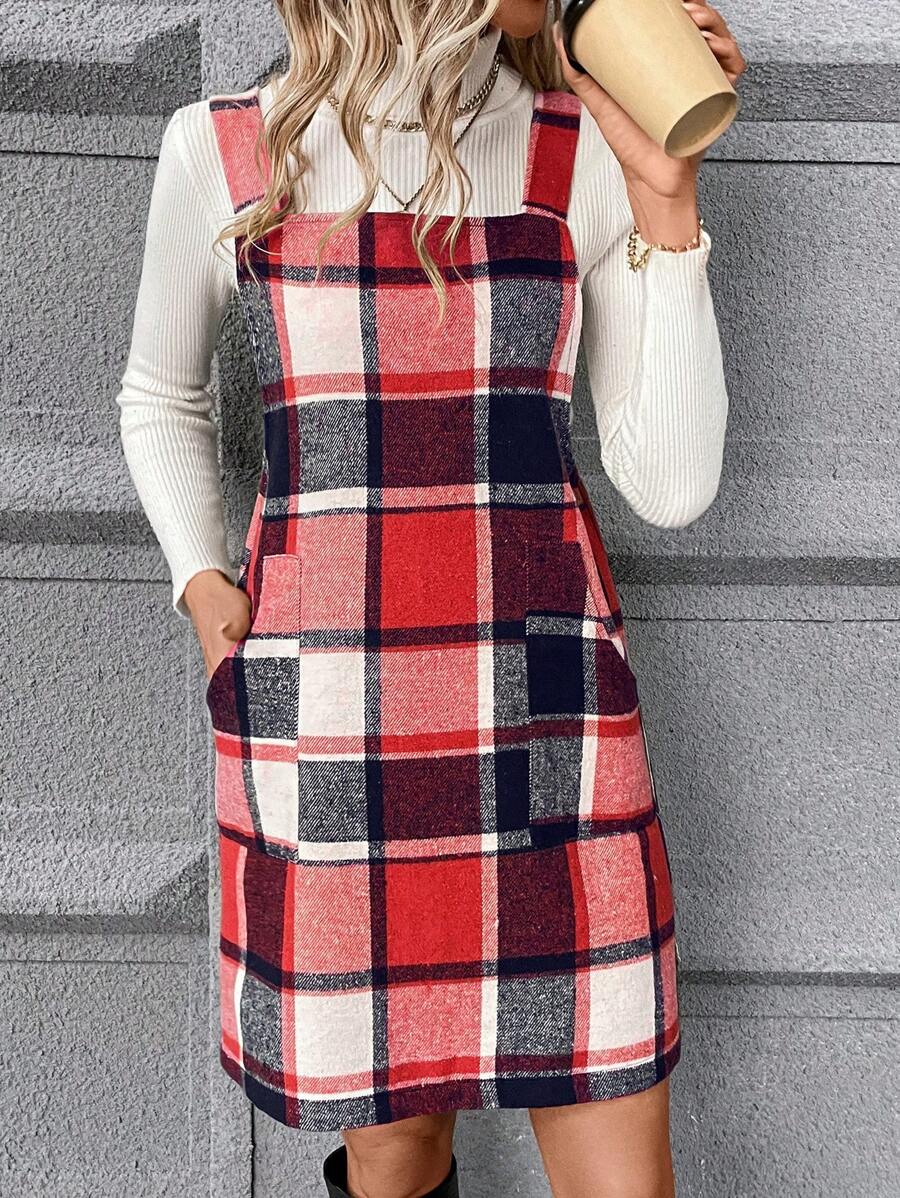 SHEIN LUNE 格紋印花雙口袋背帶洋裝無毛衣 - 紅色 - 查看 1