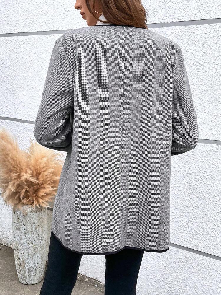 Waterfall Collar Contrast Binding Open Front Overcoat