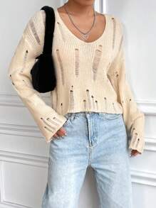 Flirla Solid Ripped Drop Shoulder Knit Pullover Fall Winter Sweater - Apricot - View 1