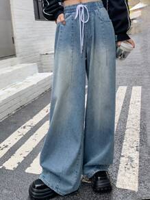 Dazy Star Women's Drawstring Waist Wide Leg Denim Pants - Medium Wash - View 1