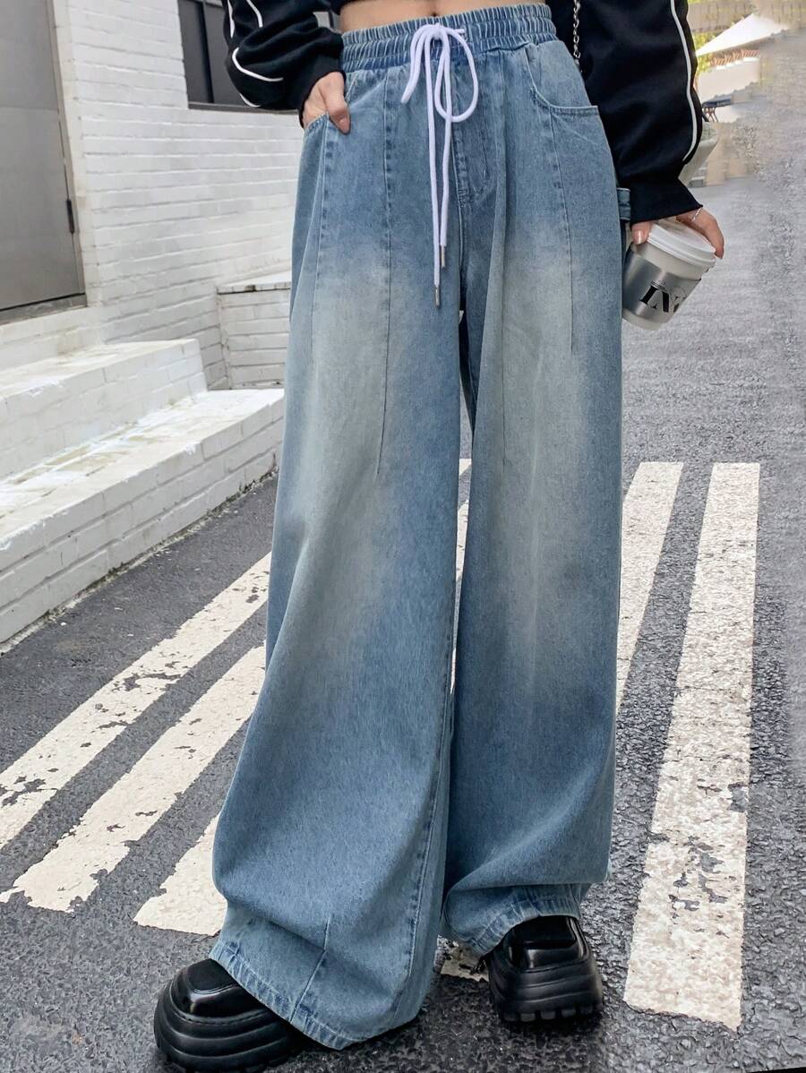 Dazy Star Women's Drawstring Waist Wide Leg Denim Pants - Medium Wash - View 1