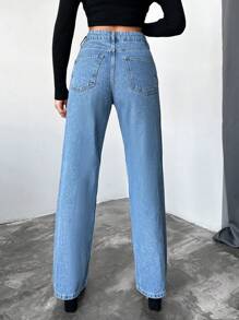 Cottnline High Waist Straight Leg Jeans - Blue - View 2