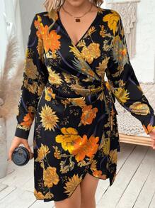 SHEIN Franclia Plus Floral Print Knot Side Wrap Dress - Black - View 5