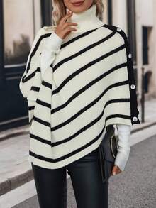SHEIN LUNE Striped Pattern Turtleneck Batwing Sleeve Asymmetrical Hem Poncho Sweater - Black and White - View 4