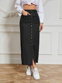 SHEIN Essnce Button Fly Dual Pocket Denim Skirt - Black - View 4