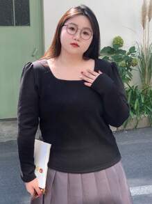Dazy Plus Plus Size Women's Puff Sleeve T-Shirt With Square Neckline,Fall Women Clothes