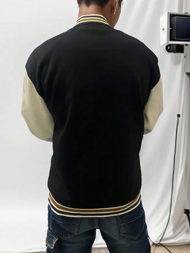 Men Plus Letter Graphic Colorblock Drop Shoulder Varsity Jacket Without Hoodie