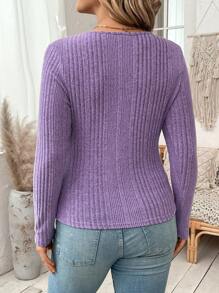 Flirla Plus Size Women Solid Color Tie Collar Long Sleeve Ribbed Casual T-Shirt, Autumn - Purple - View 2