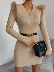 Chiquease Vestido de punto ribete lanudo tejido de canalé sin cinturón - Caqui - Ver 3