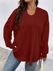 SHEIN LUNE Áo nỉ cổ rộng màu trơn dáng rộng - Màu Đỏ Sâu - Xem 1