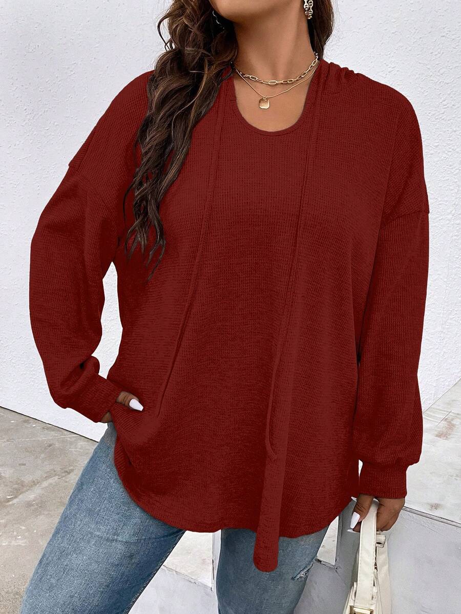 SHEIN LUNE Áo nỉ cổ rộng màu trơn dáng rộng - Màu Đỏ Sâu - Xem 1