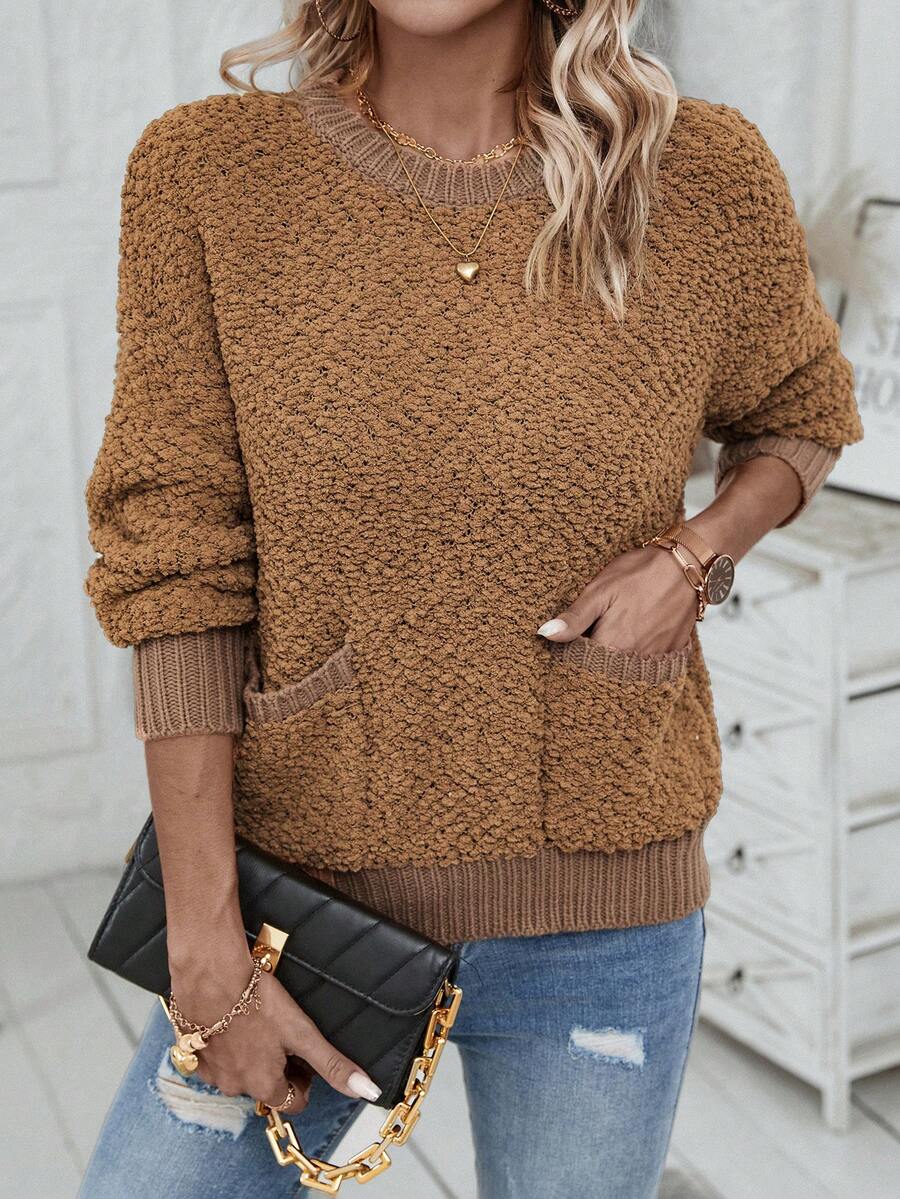 SHEIN LUNE Túi Kép Thả vai Áo len - màu nâu - Xem 1