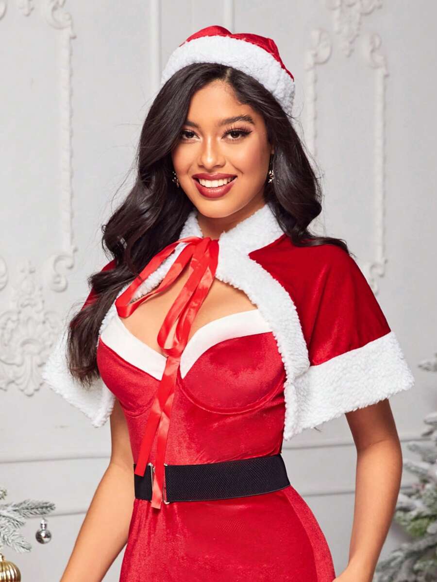 毛茸邊前打結耶誕節裝披肩不附胸罩 - 紅色 - 查看 1