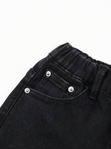 少年男孩刺繡細節和磨損黑色牛仔褲 - 黑色 - 查看 4