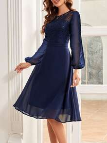 圓領長袖蕾絲拼接連衣裙 - 藏蓝色 - 查看 5