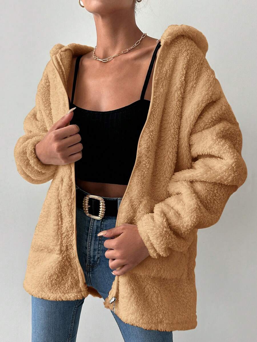 EURMUSE 女士前拉鍊帽裝毛絨針織外套 - 駝色 - 查看 1