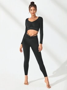 Lifespree Của phụ nữ Xếp li Eo Cắt dán Quần Xà cạp thể thao - màu đen - Xem 5