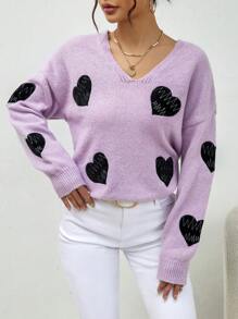 GENKIRA Suéter de punto con caída de hombros y estampado de corazones para otoño e invierno - Morado - Ver 1