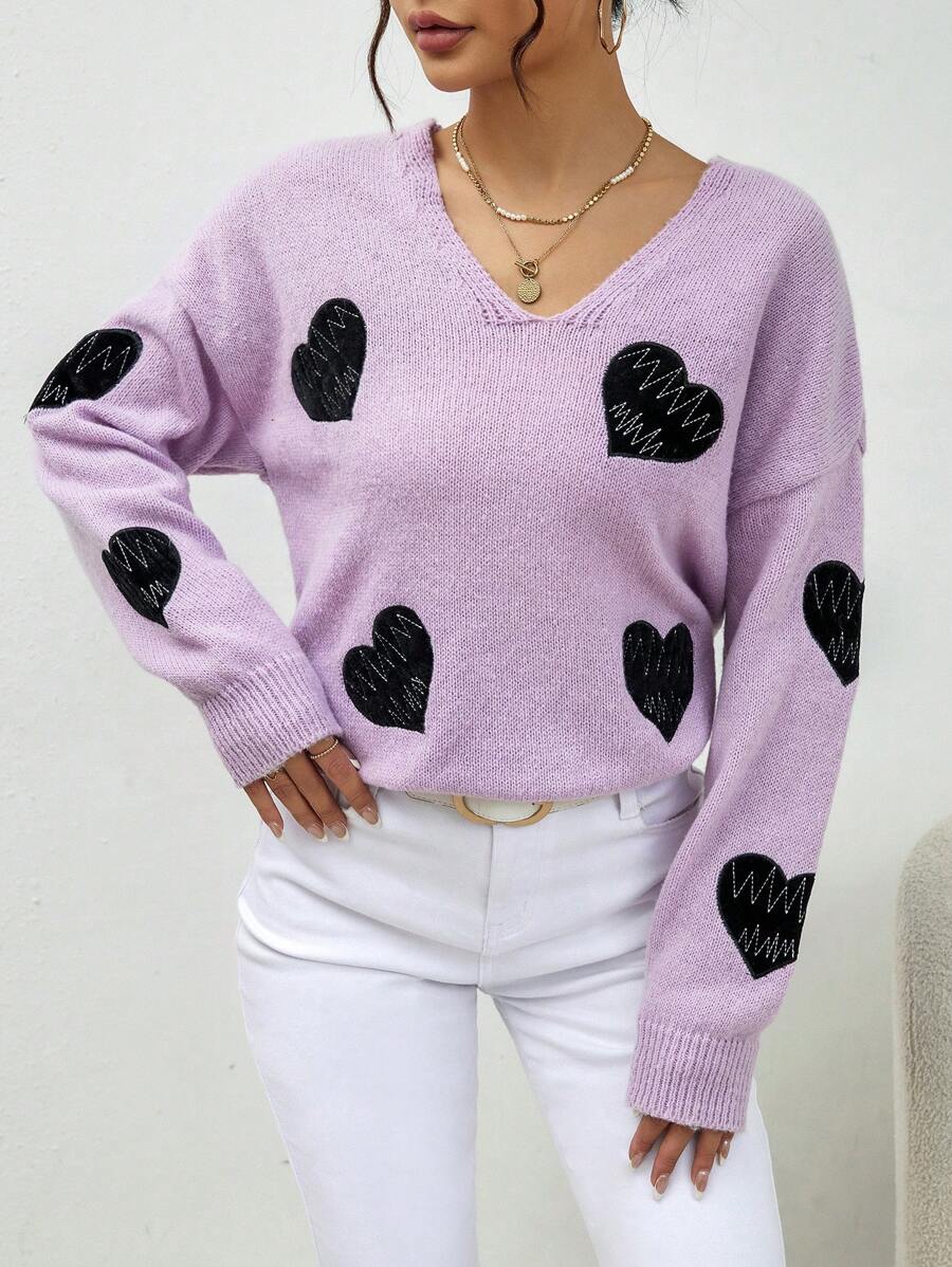GENKIRA Suéter de punto con caída de hombros y estampado de corazones para otoño e invierno - Morado - Ver 1