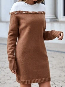 SHEIN Clasi 雙色紐扣細節毛衣洋裝不附腰帶 - 咖啡棕 - 查看 3