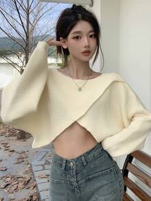 Dazy Star Solid Batwing Sleeve Crossover Crop Sweater - White - View 3