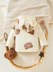 SHEIN Baby Boy Bear Print 3D Ear Design Hooded Coat - Multicolor - View 2