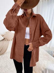 SHEIN Essnce Chất rắn Nút phía trước Thả vai Vải to sợi Áo sơ mi - Gỗ đỏ - Xem 6