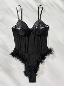 蕾絲拼接毛茸邊網紗鋼圈性感緊身連體衣 - 黑色 - 查看 5