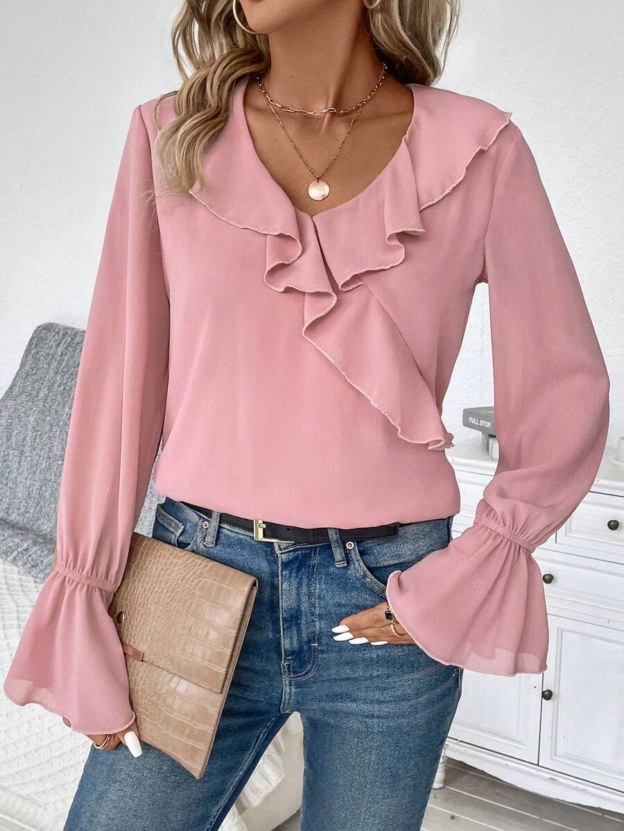 SHEIN Privé 荷葉邊荷葉袖襯衫 - 粉色 - 查看 1