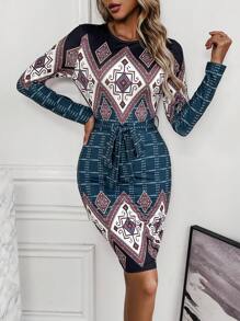 SHEIN Clasi 女式幾何圖案緊身連衣裙,配帶腰身裙帶 - 彩色 - 查看 1