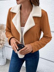 SHEIN LUNE Cổ áo Lót Teddy Áo Jacket Crop - Cà phê nâu - Xem 6