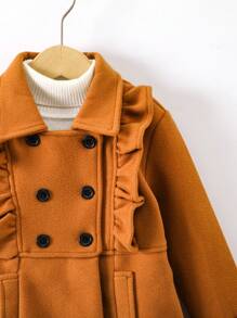 SHEIN Young Girl 1pc Ruffle Trim Double Breasted Overcoat - Brown - View 6