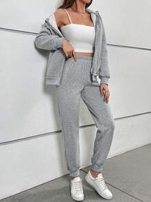 SHEIN LUNE Zip Up Drawstring Thermal Lined Hoodie & Sweatpants - Light Grey - View 5