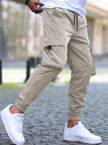 Manfinity Homme Men Flap Pocket Drawstring Waist Cargo Trousers - Apricot - View 3