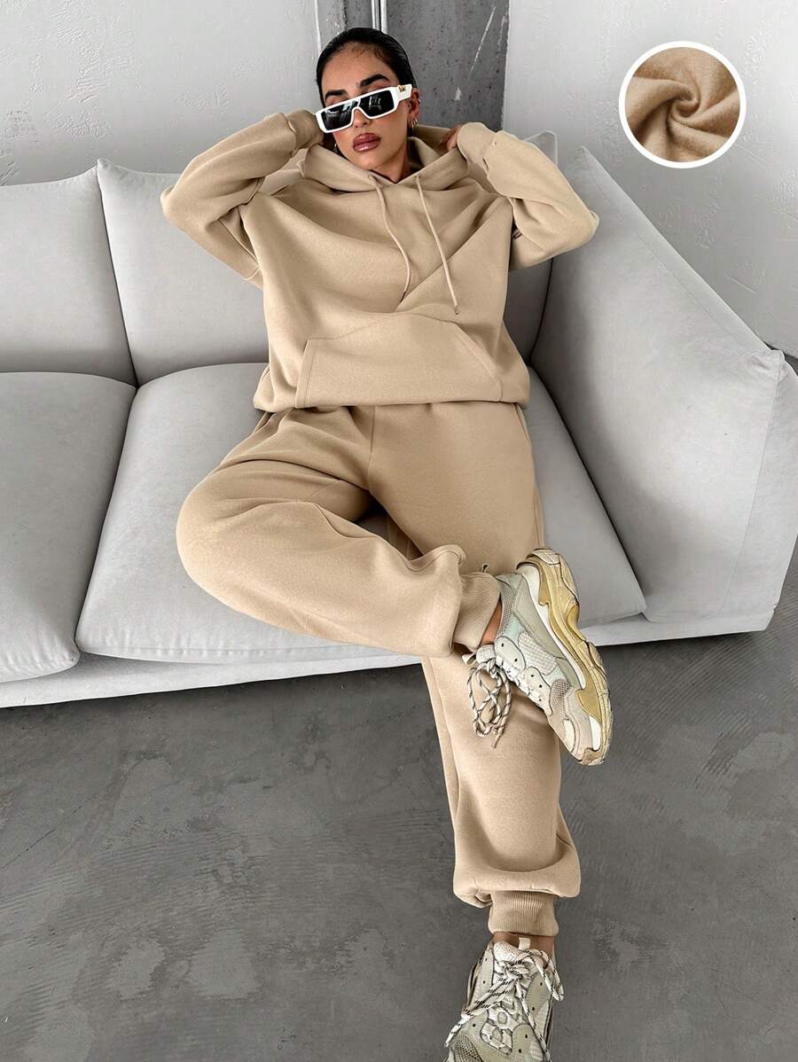 EURMUSE Plus Kangaroo Pocket Drop Shoulder Drawstring Hoodie & Sweatpants - Beige - View 1