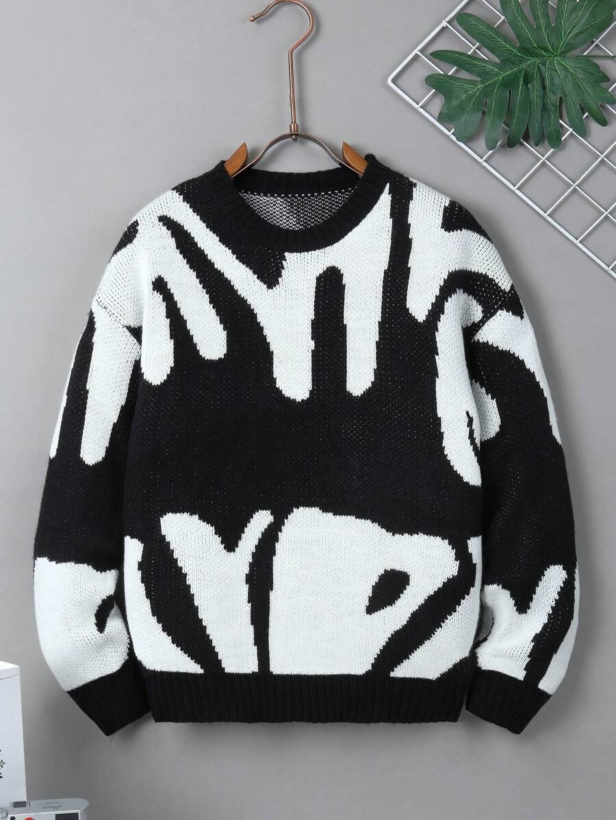 Teen Boy Graphic Pattern Drop Shoulder Sweater - Black and White - View 1
