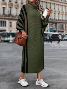 SHEIN LUNE Striped Pattern Turtleneck Batwing Sleeve Sweater Dress Fall Cloth For Women - Army Green - View 4