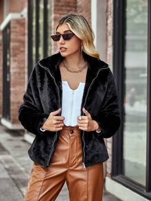 Giolshon 女士简约纯色毛绒夹克，适合秋冬通勤，配有口袋和衬垫外套。 - 黑色 - 查看 4