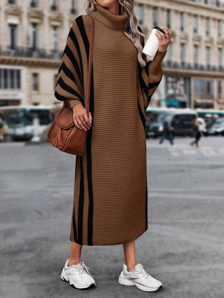 Striped Pattern Turtleneck Batwing Sleeve Sweater Dress Fall Winter Cloth For Women