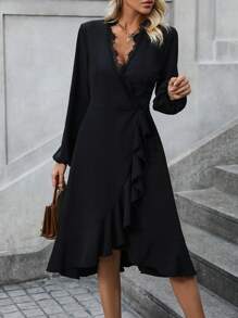 SHEIN Clasi Vestido ribete con encaje de pestaña con nudo lateral ribete con fruncido - Negro - Ver 3