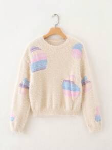 Teen Girl Graphic Pattern Drop Shoulder Fuzzy Sweater