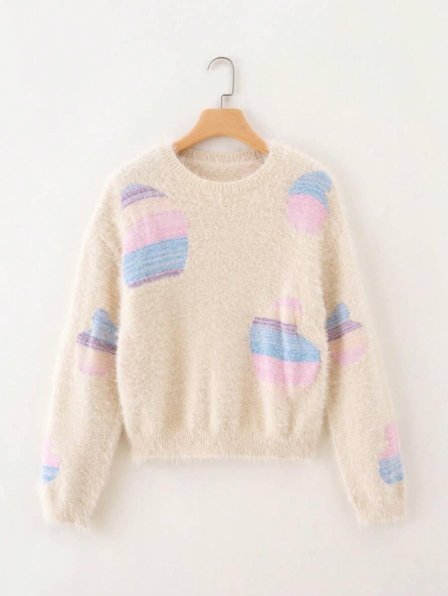 Teen Girl Graphic Pattern Drop Shoulder Fuzzy Sweater