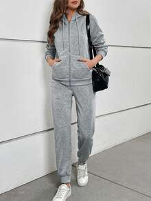 SHEIN LUNE Zip Up Drawstring Thermal Lined Hoodie & Sweatpants - Light Grey - View 3