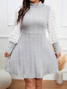 Celure Plus Mock Neck Lantern Sleeve Dress Without Belt - Grey - View 7