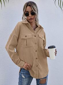 SHEIN LUNE Flap Pocket Drop Shoulder Corduroy Coat - Khaki - View 5